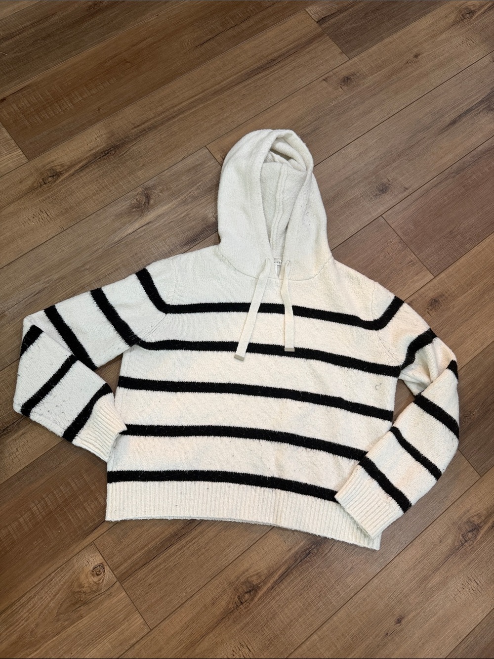 Max Studio White and Black Striped Hooded Sweater